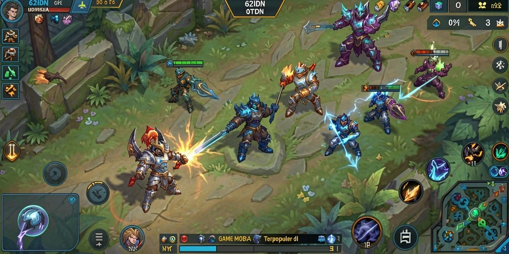 Screenshot menampilkan aksi seru dalam gameplay MOBA 62IDN.