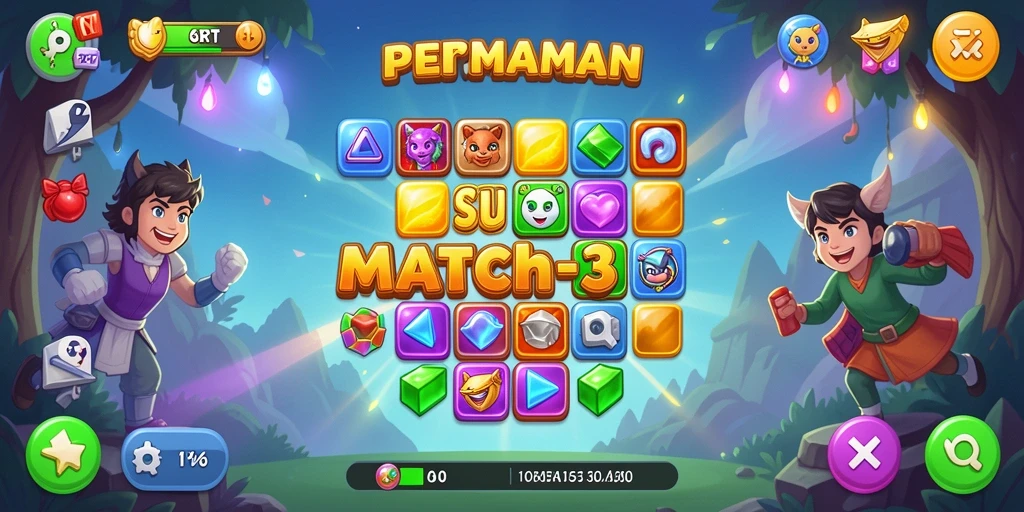 Tampilan gameplay seru di 6RT dengan permata berwarna-warni.