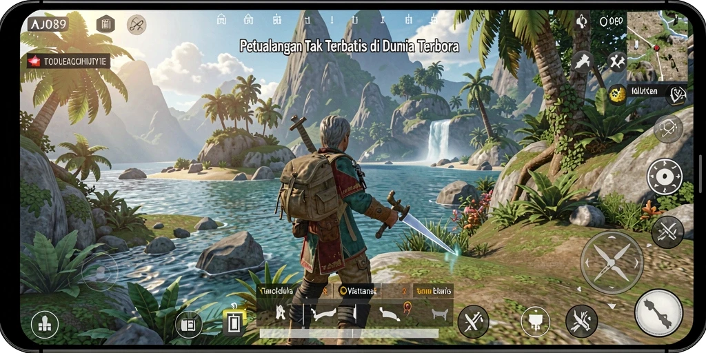 Screenshot gameplay AJO89 menampilkan momen menjelajahi dunia terbuka yang menakjubkan.