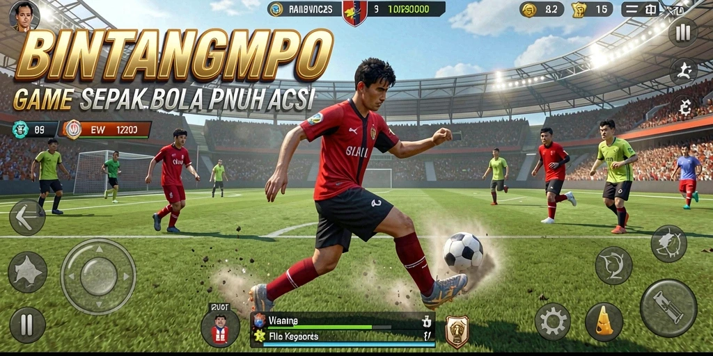Screenshot gameplay BINTANGMPO menampilkan aksi seru di lapangan sepak bola.