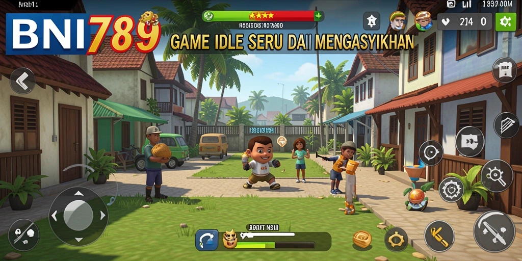 Tampilan gameplay BNI789 dengan karakter sedang mengumpulkan sumber daya.