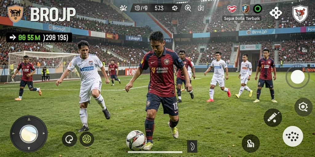Gameplay mendebarkan dalam BROJP dengan aksi sepak bola yang seru.