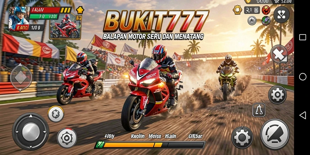 Screenshot gameplay BUKIT777 menampilkan aksi balapan motor yang mendebarkan.