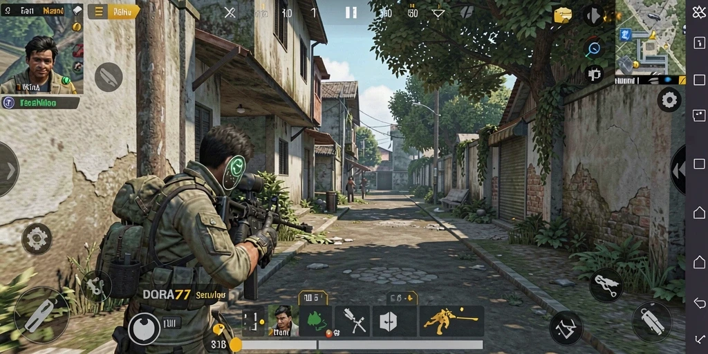 Screenshot gameplay DORA77 menampilkan aksi tembak-menembak yang mendebarkan.