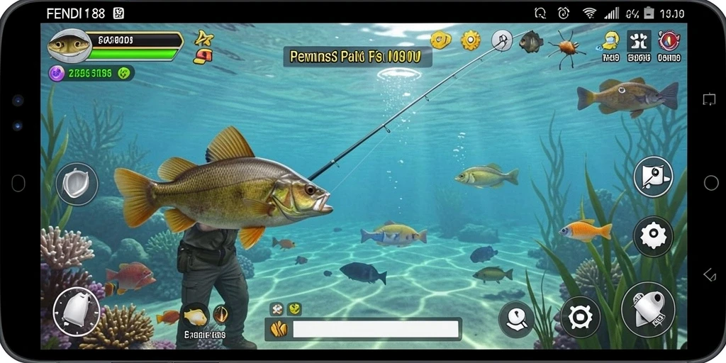Tampilan gameplay FENDI188 menampilkan momen seru saat memancing ikan.