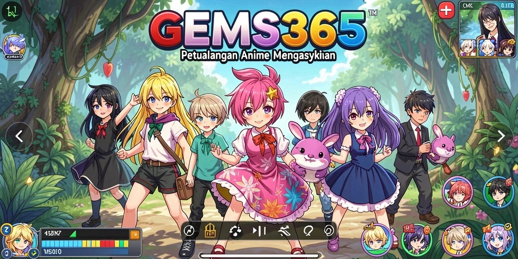 Screenshot utama GEMS365 menampilkan aksi karakter anime yang seru.