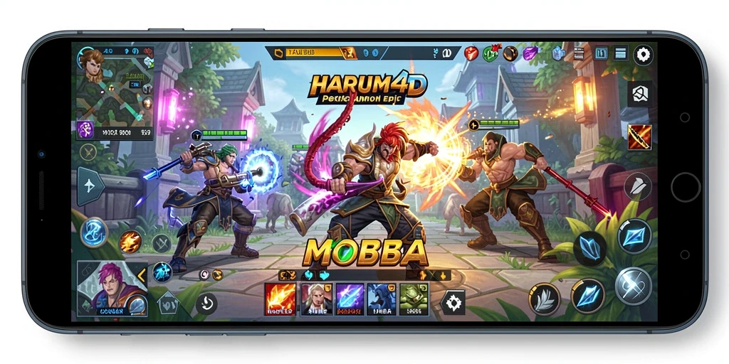 Tangkapan layar dari gameplay seru HARUM4D dalam pertandingan MOBA.