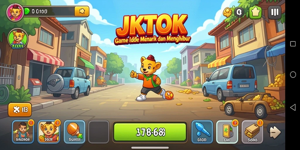 Screenshot utama menampilkan gameplay santai dan kemajuan karakter di JKTOK.