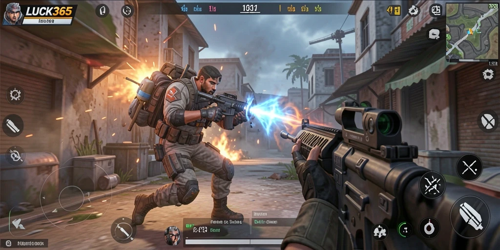 Tampilan gameplay LUCK365 yang intens dan seru dalam pertempuran FPS.