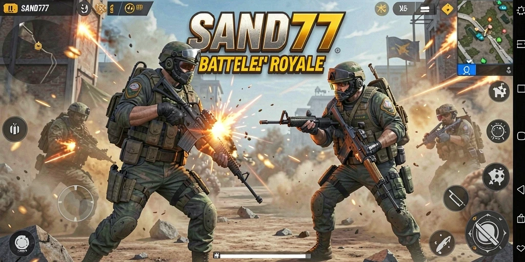 Screenshot gameplay SAND77 menampilkan aksi pertempuran yang mendebarkan.